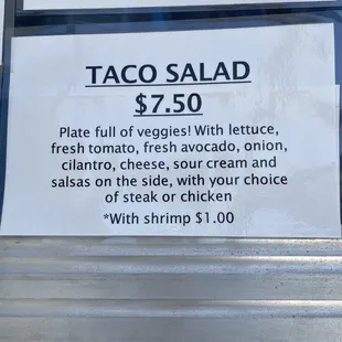 Taco salad menu