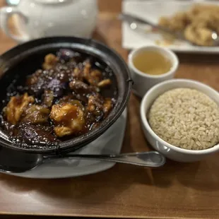 Home Style Trio w/Eggplant in Clay Pot  Salt &amp; Pepper Squid