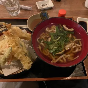 Tempura, shrimp and vegetables, udon noodle soup