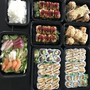 3 lunch specials (not pictured: soups and salads) and 4 special rolls