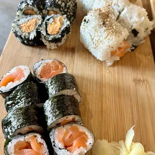 Smoked salmon (bottom), Alaskan roll (top right), and Black Sea (top left)