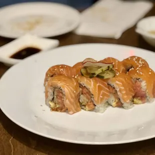 a plate of sushi on a table