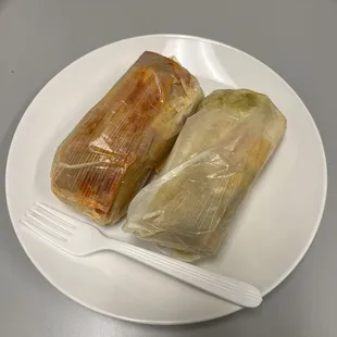 Dojo Pork tamale and Chicken verde tamale. For comparison, the fork is there. These were really nice sized.