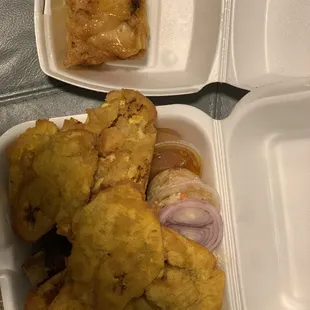 Fried Turkey w/ plantains, potato salad and Mac and cheese