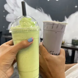 Melon smoothie and taro boba