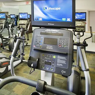 Ellipticals, steppers and treadmills all feature cable tv and an iPod connection.