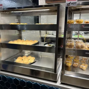 a display case of baked goods
