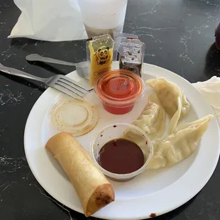 Steamed dumplings and spring roll.