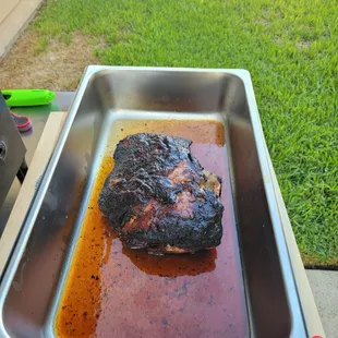 This is the pork butt after smoking.