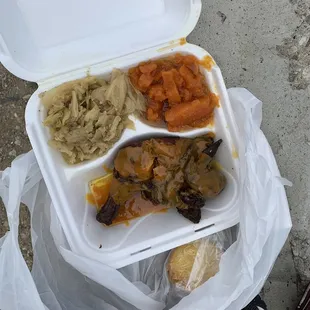 1/4 Chicken Dinner, Sweet Potatoes Small, Cabbage Small, Cornbread