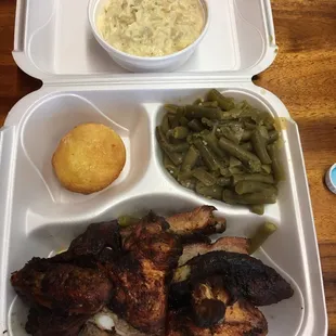 Rib and Wings with Corn Bread, Green Beans and Potato Salad
