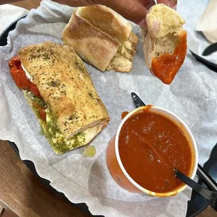 Tomato Mozzarella Sandwich and Tomato Basil Soup and Sandwich