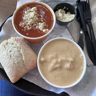 Lobster Bisque and Tomato Basil soup