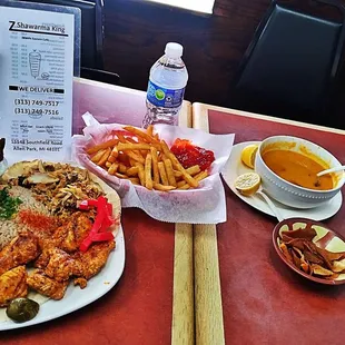 Z Shawarma Platter, Fantastic Fries and Lentils Soup