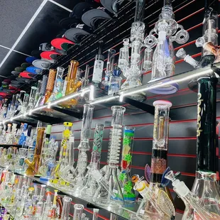 rows of glass smoking pipes