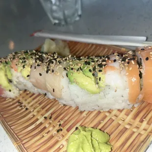 a close up of a piece of sushi