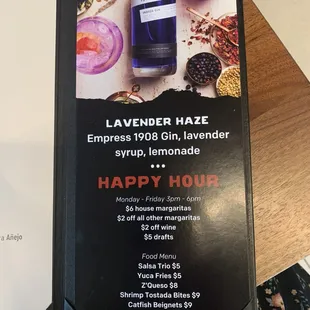 Happy hour menu
