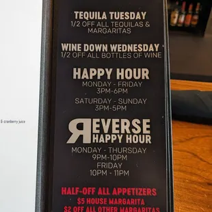 a menu for a happy hour