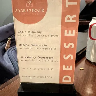 Dessert menu