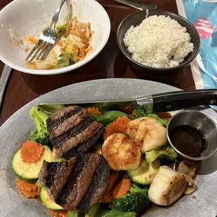 House salad with ginger dressing, hibachi meal (steak and scallops) with side of white rice