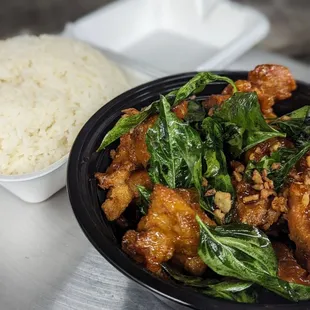 Crispy Garlic Chicken with Steamed Jasmine Rice and Topped with Crispy Fried Thai Basil