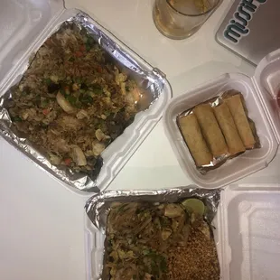 Combination fried rice and chicken pad Thai