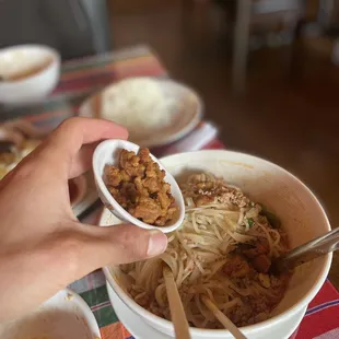 Extra crispy pork rinds for the Tom yum! Ask for whatever you want and they will do their best!