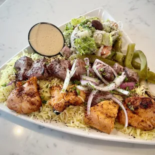 Lamb and chicken kebab plate. Not on the menu, but I asked and received!