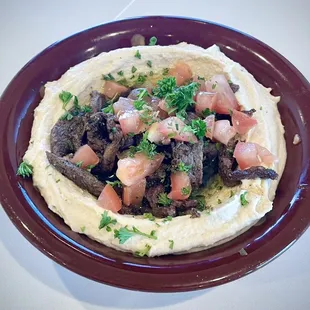 Hummus bi Lahme (hummus topped with beef shawarma)