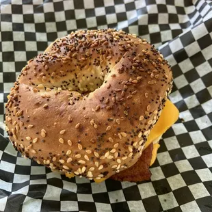 Everything bagel with bacon, egg and cheese.