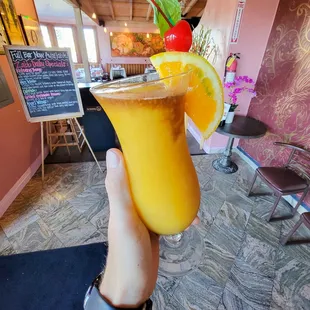 Mango Burst |Fresh Mango, Absolut Vodka, Ron Antigua Gold Rum, Jacques Bonet Brandy,  DeKuyper Cherry Brandy  Float| Cocktails Newport Beach