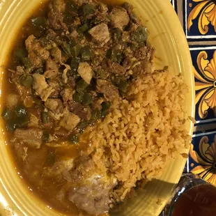 Nopales and chicharron. Beans and rice.