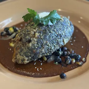 Corn tortilla crusted chile relleno