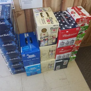 a stack of beer boxes