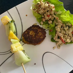 Thai lettuce cups, Thai corn fritters, fruit skewer