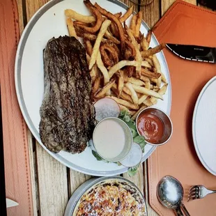 a plate of steak and french fries