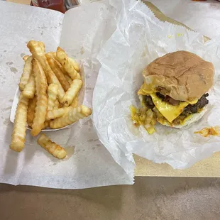 Bacon double cheeseburger ATW with crispy, steaming hot fries