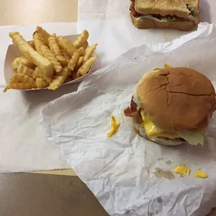 Double Bacon Cheeseburger, BLT, and fries from Zack&apos;s Char-Grill