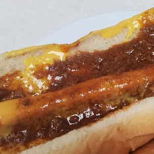 Hot dog with cheese and chili