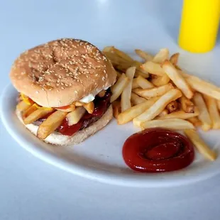 Burger with cheese, I added fries onto mine. Can't go wrong with the classic.