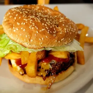 Cheeseburger with egg added and I added French fries, ketchup and Mayo