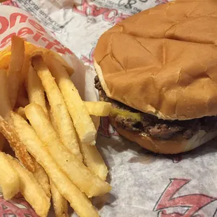 Single cheese burger and fries