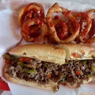 10 in. Philly-Z Steak with everything and Provolone plus a side of Onion Rings. ($8.99) ($2.49)