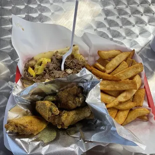 Half Philly, 4 lemon pepper wings, fries