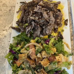 Steak Shawarma Entree with  Zad&apos;s Rice (so good) and a side salad