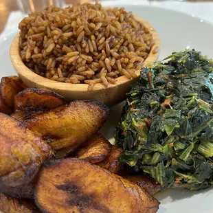 Efo Riro Plantains entree with a side of Jollof rice
