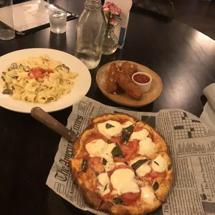 Margherita Pizza, Housemade Mozzarella Sticks, Papparadelle
