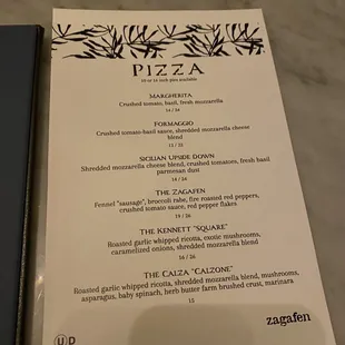 Pizza menu