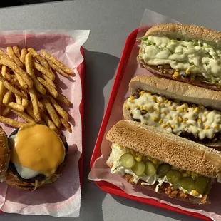 two hot dogs and french fries