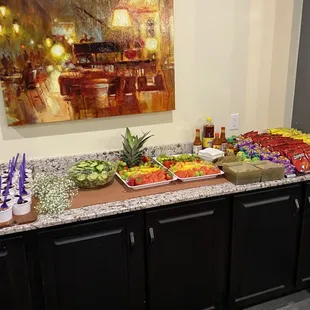 a variety of foods on a counter